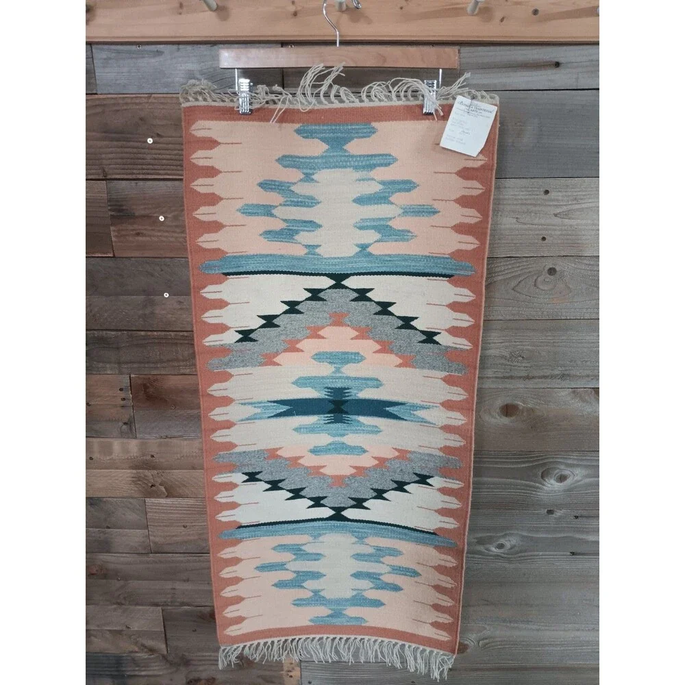 Vintage Saltillo Style Flatweave Rug 20x40 Natural Dyes EUC Aztec SW Tribal